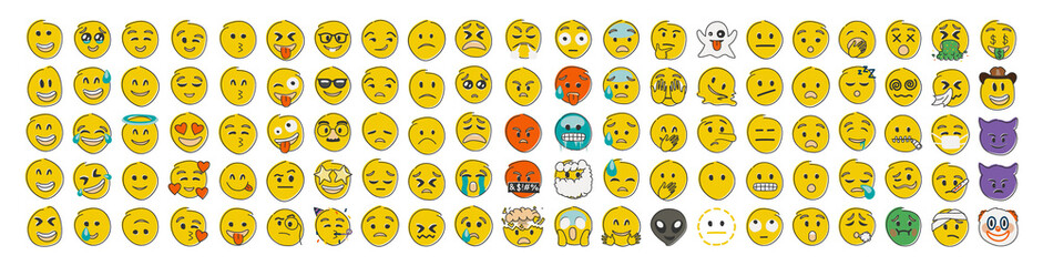 Hand drawn yellow emoji in flat shape style. Funny emoticons faces with facial expressions. Big set.