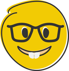 Nerd emoji. Emoticon with transparent glasses, funny yellow face with black-rimmed eyeglasses. Hand drawn, flat style emoticon.