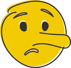 Liar emoji. Pinocchio emoticon with long nose, lying yellow face. Hand drawn, flat style emoticon.