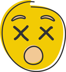 Exhausted emoji. Tired emoticon, yellow face with X-shaped scrunched eyes. Hand drawn, flat style emoticon.