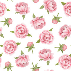 Spring seamless pattern with peonies. Watercolor hand-drawn texture with pink flowers 