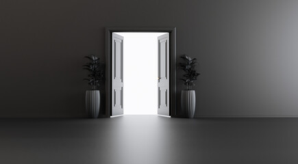 3D render of black open door, future and welcome concept, Dark Room, Light Coming In Through an Open Door,