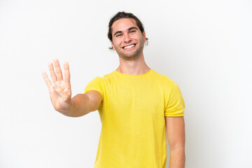 Caucasian handsome man isolated on white background happy and counting four with fingers