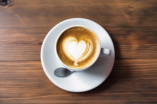 white cup and saucer with delicious freshly brewed coffee with crema in heart shape, isolated beverage design element, top view / flat lay on a wooden table in a coffee shop - Generative AI