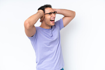 Young caucasian man isolated on white background stressed overwhelmed