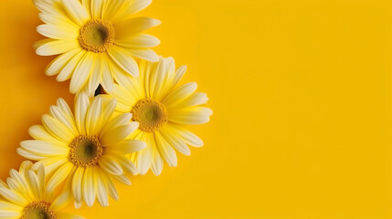 Banner with daisies. Copy space, top view, festive background. Generative AI.