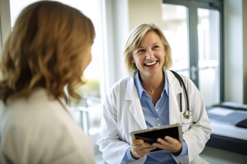 Candid shot of an elderly female doctor meeting with her patient in a hospital, displaying empathy and professionalism during a genuine healthcare interaction, generative ai
