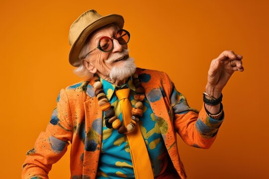 Eccentric elderly senior man dancing happily and carefree in front of a vibrant background, expressing joy and free spirit, beauty of aging and individuality, generative ai