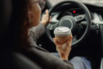 Close up of young woman drinking take out coffee when driving to work in car
