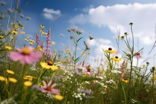 Background with wild flowers. Generative AI. © YULIYA