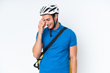 Young caucasian man with thermal backpack isolated on white background laughing