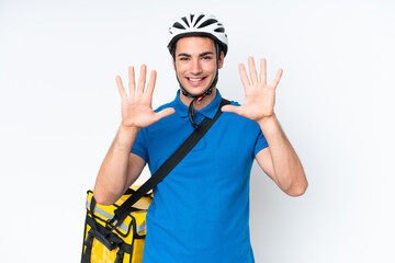 Young caucasian man with thermal backpack isolated on white background counting ten with fingers