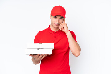 Pizza delivery caucasian man with work uniform picking up pizza boxes isolated on white background...