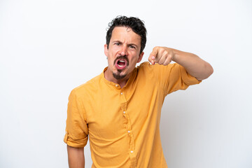 Obraz premium Young man with moustache isolated on white background frustrated and pointing to the front