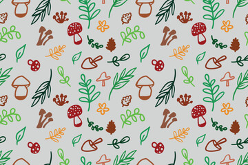 Vector seamless pattern with the image of wild mushrooms and leaves hand-drawn doodle. Fashionable design template.