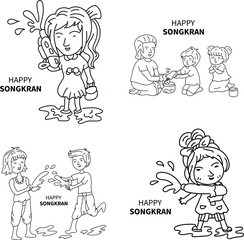 Happy Songkran festival line art