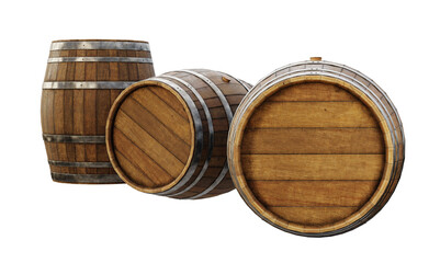 Wooden barrels isolated on transparent background. Clipping path included. 3D render.