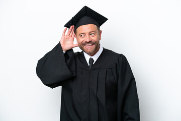 Middle age university graduate man isolated on white background listening to something by putting hand on the ear