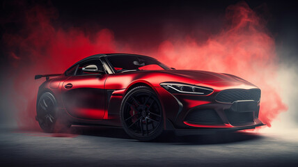 Fototapeta na wymiar luxury red sport car wallpaper on smoke background Generative AI