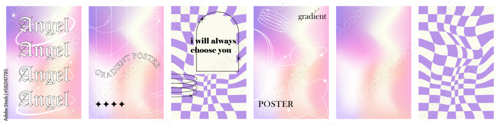 Fototapete trendy blurred holographic style a4 posters set with linear geometric shapes cover for stories or po