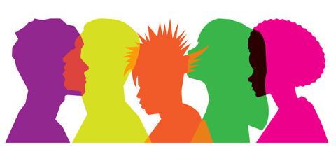 Colored silhouette people, Multiple exposure, Concept on diversity and teamwork