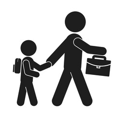 Isolated vector illustration of man or father hold his son or child hand while walking with briefcase and backpack, a pedestrian crossing sign template 