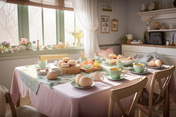 Ostern und Osterfrühstück mit festlich gedecktem Tisch mit Ostereiern, Gebäck und Osterdekoration 