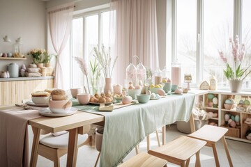 Ostern und Osterfr&uuml;hst&uuml;ck mit festlich gedecktem Tisch mit Ostereiern, Geb&auml;ck und Osterdekoration 