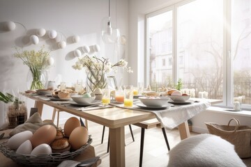 Ostern und Osterfr&uuml;hst&uuml;ck mit festlich gedecktem Tisch mit Ostereiern, Geb&auml;ck und Osterdekoration 