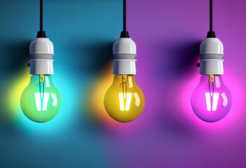 Hanging light bulbs glowing on empty colorful wall background for wallpaper, graphic resource or header.