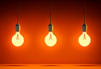 Fototapeta na wymiar Hanging light bulbs glowing on empty orange wall background for wallpaper, graphic resource or header.