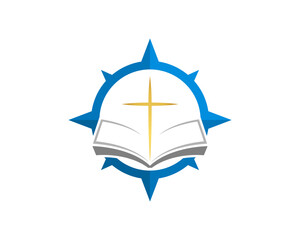 Open book and christian cross inside the compass logo