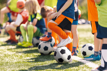 Group of Children With Football Soccer Balls at Training Class. Outdoor Football Training For...