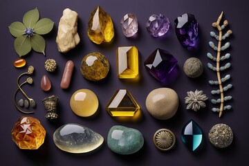 An assortment of precious gemstones and healing crystals arranged on a display. Generated by AI.