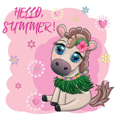 Nice horse, pony in flower wreath, hat, guitar, hula dancer from Hawaii. Summer card for the festival, travel banner