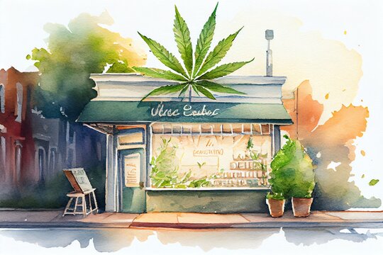 Watercolor Illustration of a Close Up Marijuana On Desk, Local Shop Selling Cannabis Weed At Street Side. Generative AI