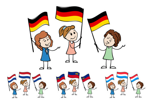 Cartoon women of different ages waving flags of Germany, Liechtenstein, Luxembourg, Netherlands. Happy stick figures for concept of demonstration, national holiday or patriotism. Independence Day