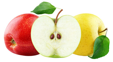 Colorful apples with leaves isolated on transparent background. Red, green, yellow apples. Full Depth of Field