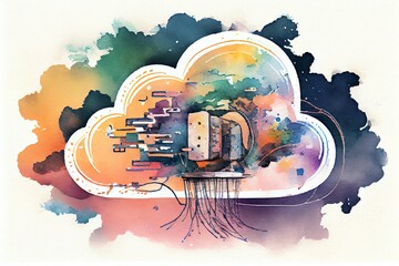 Watercolor Illustration of a Cloud Computing Technology Concept, Concept Of Data Storage And Network Connectivity,. Generative AI