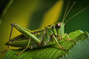 Fototapeta premium A striking close-up of a green grasshopper perched on a leaf, capturing its intricate details and textures. Generated by AI