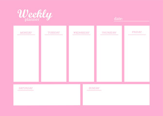 Template of personal plans for the week, weekly planner Trendy pastel pink cute colors. 