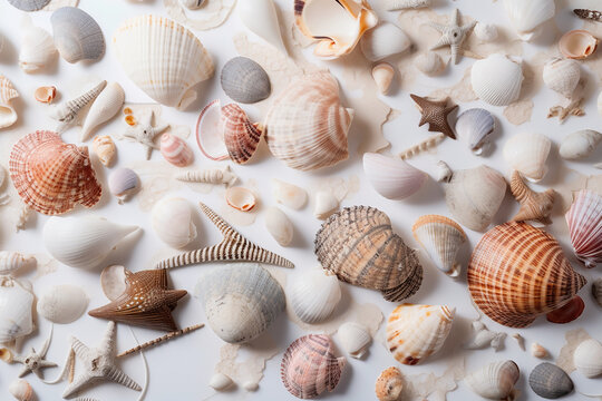 composition of exotic sea shells and starfish on a white background. top view,  Created using generative AI tools.