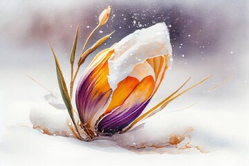 Watercolor Illustration of a Crocus Bulb Blooming In Snow, First Spring Flower. Close Up Macro View. Generative AI