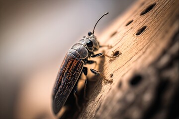 Close-up shot of an insect on the bark of a tree. Generated by AI.