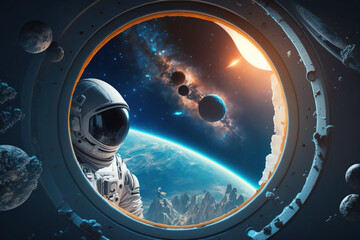 An astronaut looks at the splace with planets from the window porthole of the spacecraft, Astronaut on a spaceship before walk, Sci-fi space exploration concept.  AI Generative