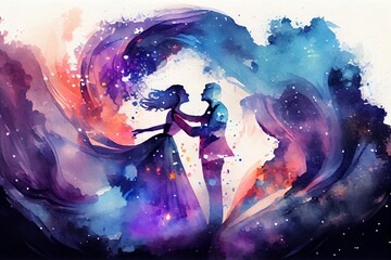 Watercolor Illustration of a Dancing Lovers In Magic Space Background. Generative AI