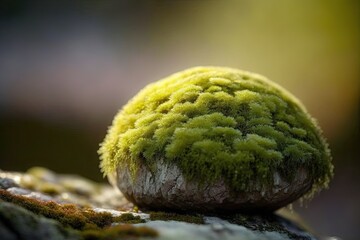 A beautiful close-up shot of green moss growing on a stone. Generated by AI