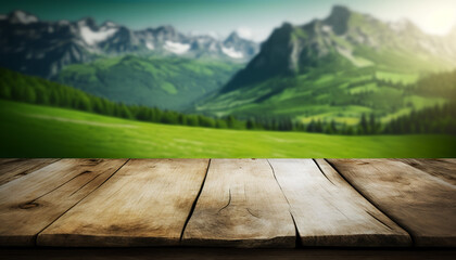 Empty wooden table top product display showcase stage. Switzerland green meadows and beautiful mountains background. Generative AI