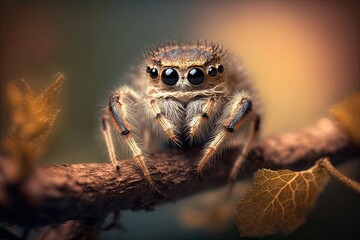 Close-up shot of a spider sitting on a branch. Generated by AI.