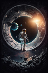 An astronaut looks at the splace with planets from the window porthole of the spacecraft, Astronaut on a spaceship before spacewalk, Sci-fi space exploration concept. AI Generative